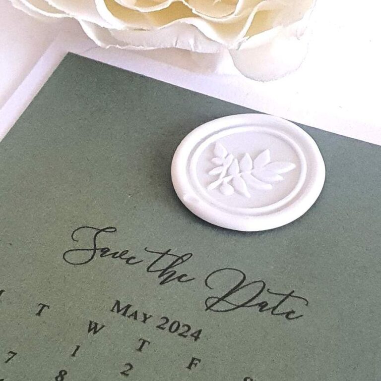 sage green calendar save the date card with white wax seal 768x769