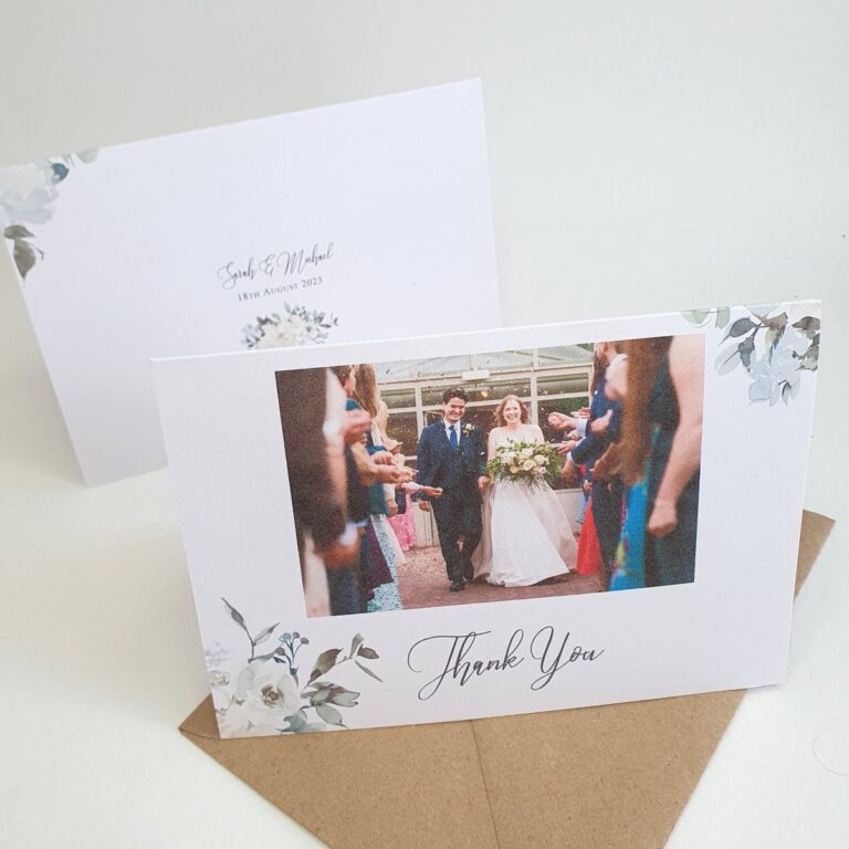 wedding thank you card with photgraph white and green floral 768x768